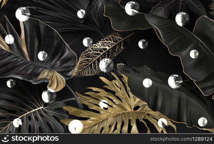 black and gold tropical leaves on dark marble background Luxury exotic botanical. black and gold tropical leaves on dark background Luxury exotic botanical