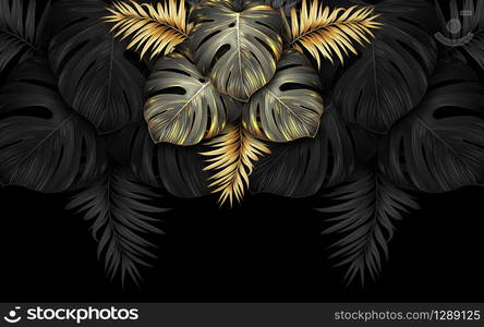 black and gold tropical leaves on dark marble background Luxury exotic botanical. black and gold tropical leaves on dark background Luxury exotic botanical