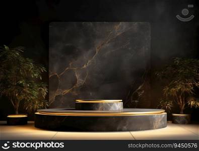 black and gold with leaf stage podium for products decoration suitable. AI Generative