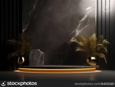 black and gold with leaf stage podium for products decoration suitable. AI Generative