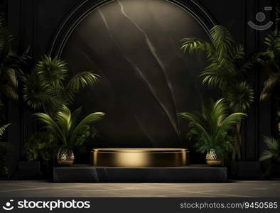 black and gold with leaf stage podium for products decoration suitable. AI Generative