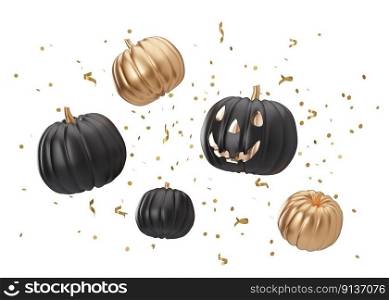 Black and golden pumpkins with falling confetti, isolated on white background. Halloween decoration. Cut out. Design element for greeting card, invitation, advertising. Happy Halloween. 3D rendering. Black and golden pumpkins with falling confetti, isolated on white background. Halloween decoration. Cut out. Design element for greeting card, invitation, advertising. Happy Halloween. 3D rendering.