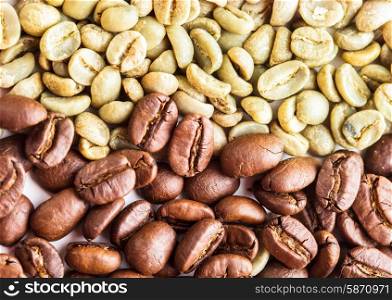 Black and green coffee beans as a background. Various types of coffee. Black and green coffee