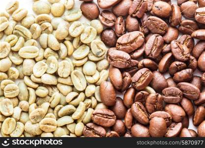 Black and green coffee beans as a background. Various types of coffee. Black and green coffee