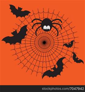 Black and orange cartoon isolated spider web with funny spider, flying bats. Simple image with cobweb for halloween background.. Black and orange cartoon isolated spider web with funny spider, flying bats. Simple image with cobweb for halloween party.