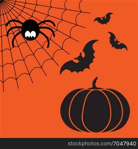 Black and orange cartoon isolated spider web with funny spider, flying bats and pumpkin. Simple image with cobweb for halloween party.