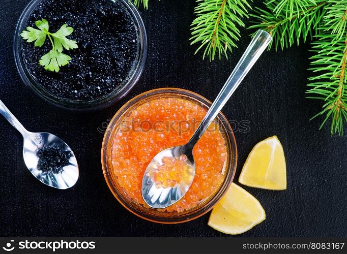 black and red caviar on a table