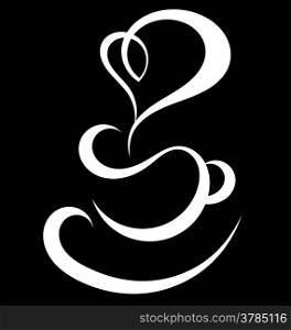 Black and while abstract cup of coffee with heart shaped steam. Simple line graphic sign for menu.&#xA;&#xA;