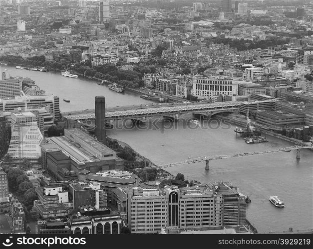 Black and white Aerial view of London. Aerial view of River Thames in London, UK in black and white