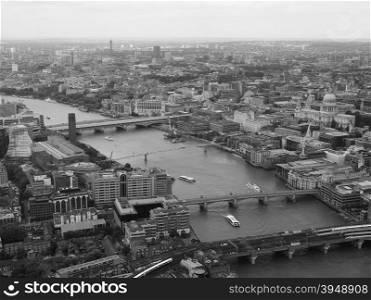 Black and white Aerial view of London. Aerial view of River Thames in London, UK in black and white