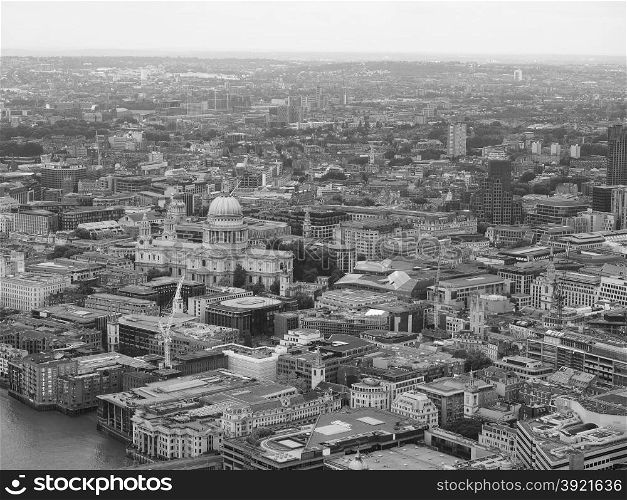 Black and white Aerial view of London. Aerial view of St Paul cathedral in London, UK in black and white
