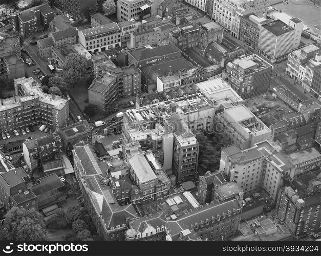 Black and white Aerial view of London. Aerial view of the city of London, UK in black and white