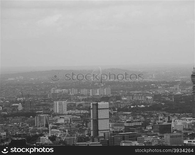 Black and white Aerial view of London. Aerial view of the city of London, UK in black and white