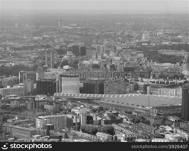 Black and white Aerial view of London. Aerial view of the Houses of Parliament in London, UK in black and white
