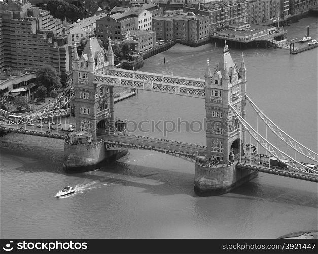 Black and white Aerial view of London. Aerial view of Tower Bridge in London, UK in black and white