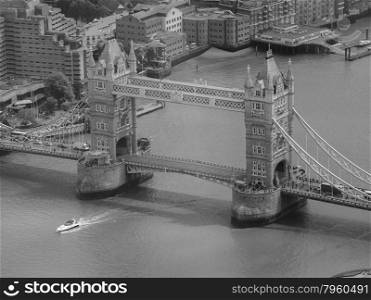 Black and white Aerial view of London. Aerial view of Tower Bridge in London, UK in black and white