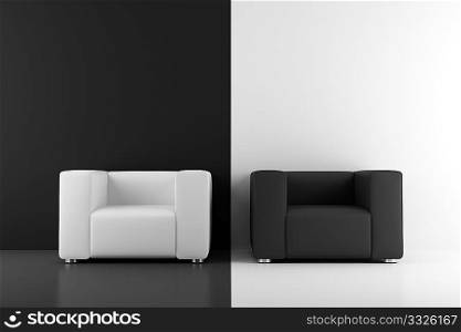 black and white armchairs in front of wall