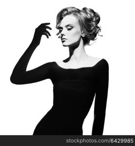 Black and white art fashion surrealistic portrait of beautiful woman with a beam of light on her face