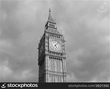Black and white Big Ben in London. Big Ben at the Houses of Parliament aka Westminster Palace in London, UK in black and white