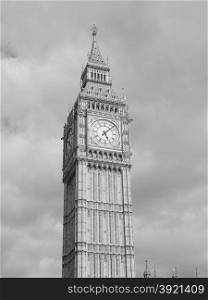 Black and white Big Ben in London. Big Ben at the Houses of Parliament aka Westminster Palace in London, UK in black and white