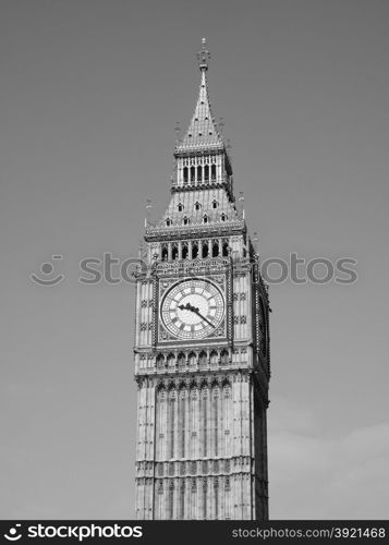 Black and white Big Ben in London. Big Ben at the Houses of Parliament aka Westminster Palace in London, UK in black and white