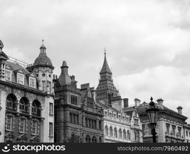 Black and white Big Ben in London. Big Ben at the Houses of Parliament aka Westminster Palace seen from Parliament Street in London, UK in black and white