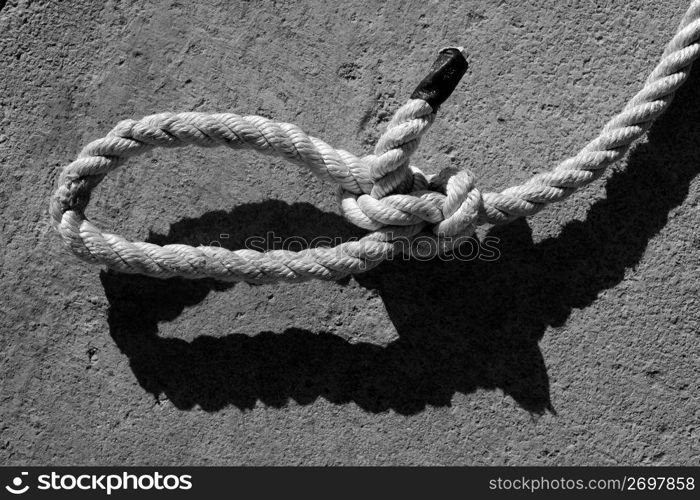 black and white bowline gauze on marine rope and shadow