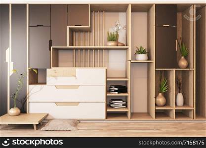 Black and white Cabinet mix wardrobe shelf wooden japanese style and decoration plants on shelf.3D rendering