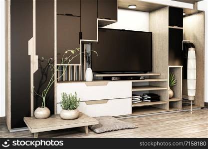 Black and white Cabinet tv mix wardrobe shelf wooden japanese style and decoration plants on shelf.3D rendering