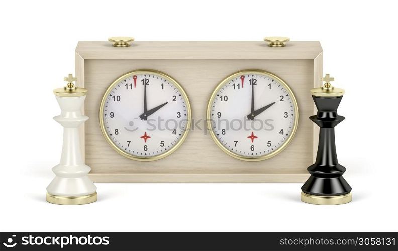 Black and white chess kings and analog chess clock on white background