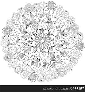 Black and white circle flower ornament, ornamental round lace design. Floral mandala. Hand drawn ink pattern made by trace from personal sketch. Black and white circle flower ornament, ornamental round lace design. Floral mandala. Hand drawn ink pattern made by trace from personal sketch.