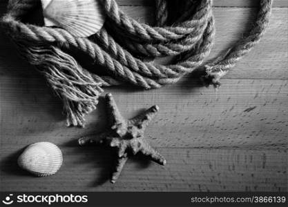 Black and white closeup shot of old rope and seashells lying on wooden desk