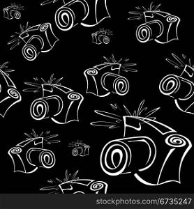 Black and white contour photo camera vector seamless pattern