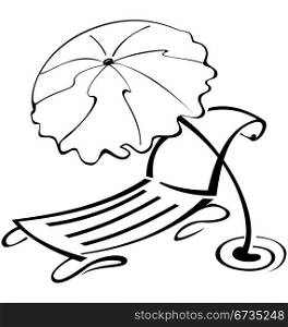 Black and white contour umbrella and beach chair vector illustration