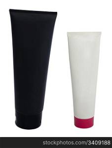 Black and white cosmetic tubes. White isolated