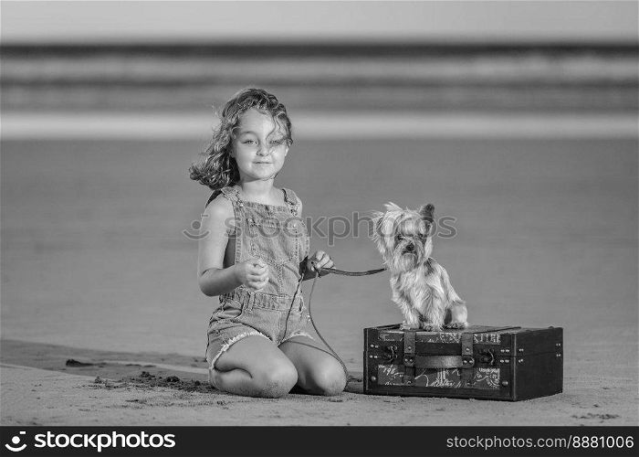 Black and white cute girl looking at camera and holding leash of obedient Yorkshire Terrier dog sitting on suitcase while kneeling on sand of Famara Beach in Lanzarote, Spain. Girl and dog spending time on sandy beach