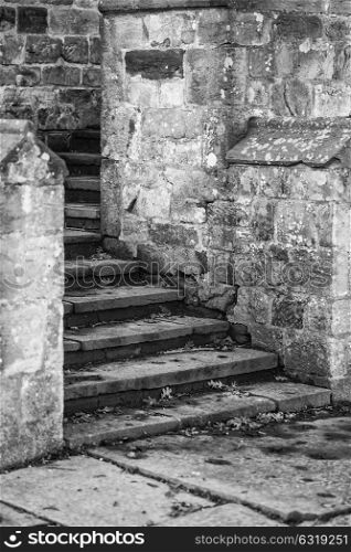Black and white detail image of Regency period design steps in medieval house