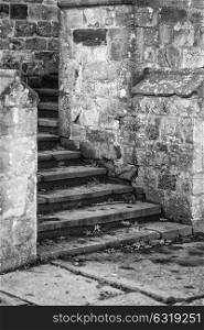 Black and white detail image of Regency period design steps in medieval house