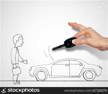 Black and white drawing with car and person standing near it