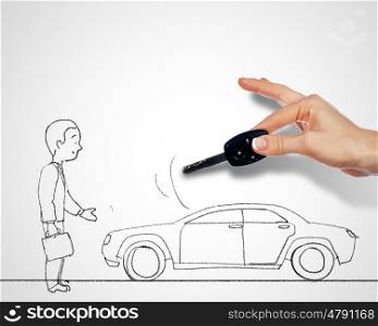 Black and white drawing with car and person standing near it