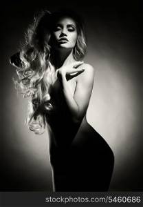Black and white fashion art photo of sexual beauty blonde