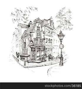 Black and white hand drawing, city view of Amsterdam typical house with stork and lantern, Holland, Netherlands. Picture made liner