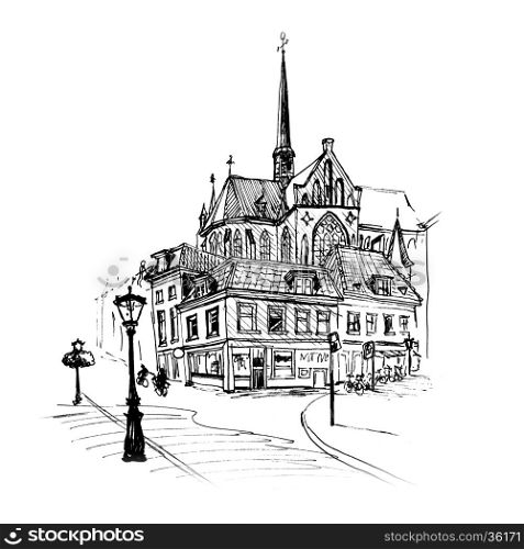 Black and white hand drawing, city view of dutch typical house, lantern and spire of Sint Willibrordkerk, Utrecht, Netherlands. Picture made liner