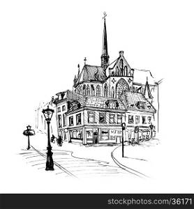 Black and white hand drawing, city view of dutch typical house, lantern and spire of Sint Willibrordkerk, Utrecht, Netherlands. Picture made liner