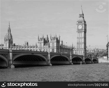 Black and white Houses of Parliament in London. Houses of Parliament aka Westminster Palace in London, UK in black and white