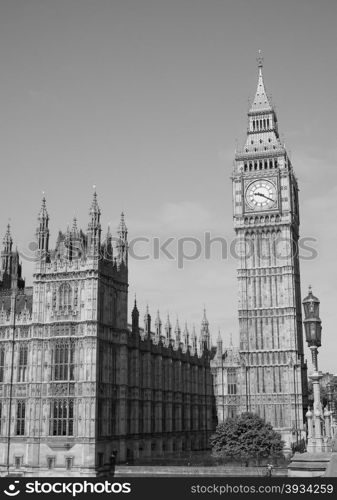 Black and white Houses of Parliament in London. Houses of Parliament aka Westminster Palace in London, UK in black and white