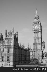 Black and white Houses of Parliament in London. Houses of Parliament aka Westminster Palace in London, UK in black and white