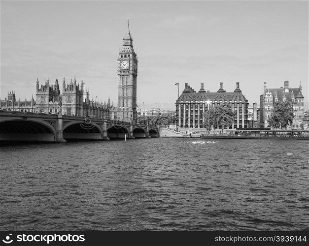 Black and white Houses of Parliament in London. Houses of Parliament aka Westminster Palace in London, UK in black and white