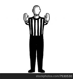 Black and white illustration of a basketball referee or official with hand signal showing 10-second violation or charging pushing viewed from front on isolated background done retro style.. Basketball Referee 10-second violation or charging pushing Hand Signal Retro Black and White