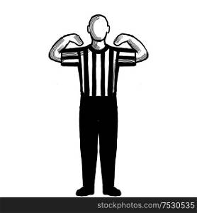 Black and white illustration of a basketball referee or official with hand signal showing 30-second time-out viewed from front on isolated background done retro style.. Basketball Referee 30-second time-out Hand Signal Retro Black and White